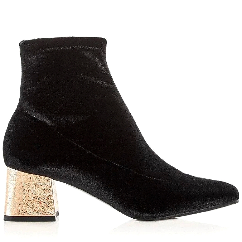 NIB ASKA Gia Black Velvet Stretch Sock Block Gold Heel Booties sz 41